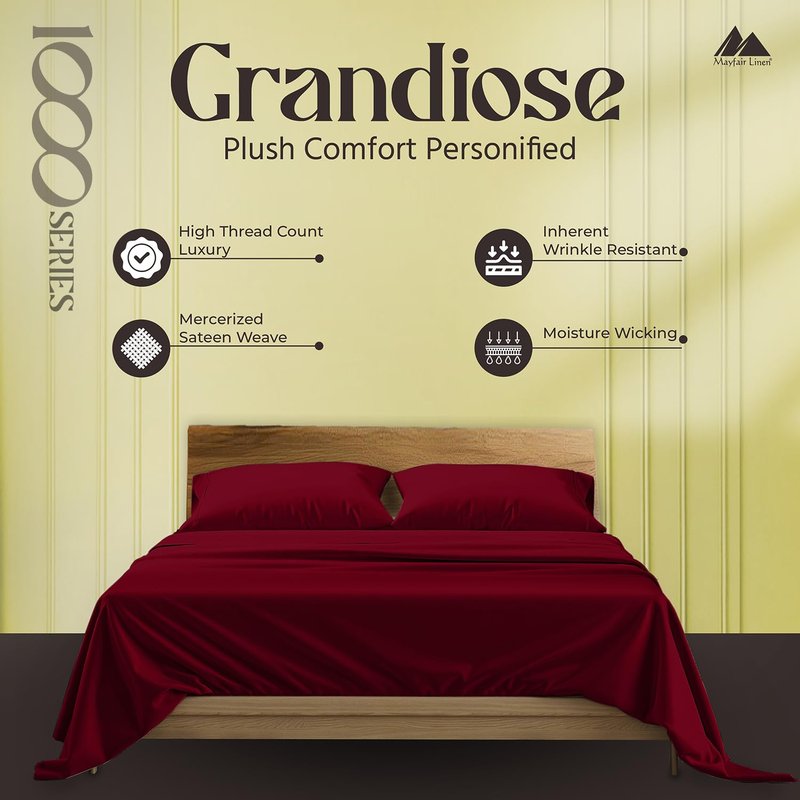 Mayfair Linen 100% Pure Egyptian Cotton Sheet Queen Size - Luxury 1000 Series Grandiose Collection Queen Size Sheets (6 PC, White), 16" Deep Pocket Sateen Weave Soft Cooling Hotel Bed Sheets Set