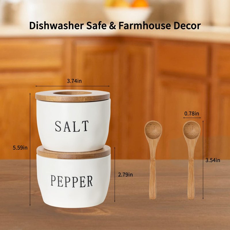 Howise 2 Pack Salt and Pepper Bowls Set, Ceramic Salt and Pepper Containers with Visible Airtight Bamboo Lid and Spoon, White Salt Pepper Holder Shakers Set, Salt Cellar Box Dish with Lid (White)
