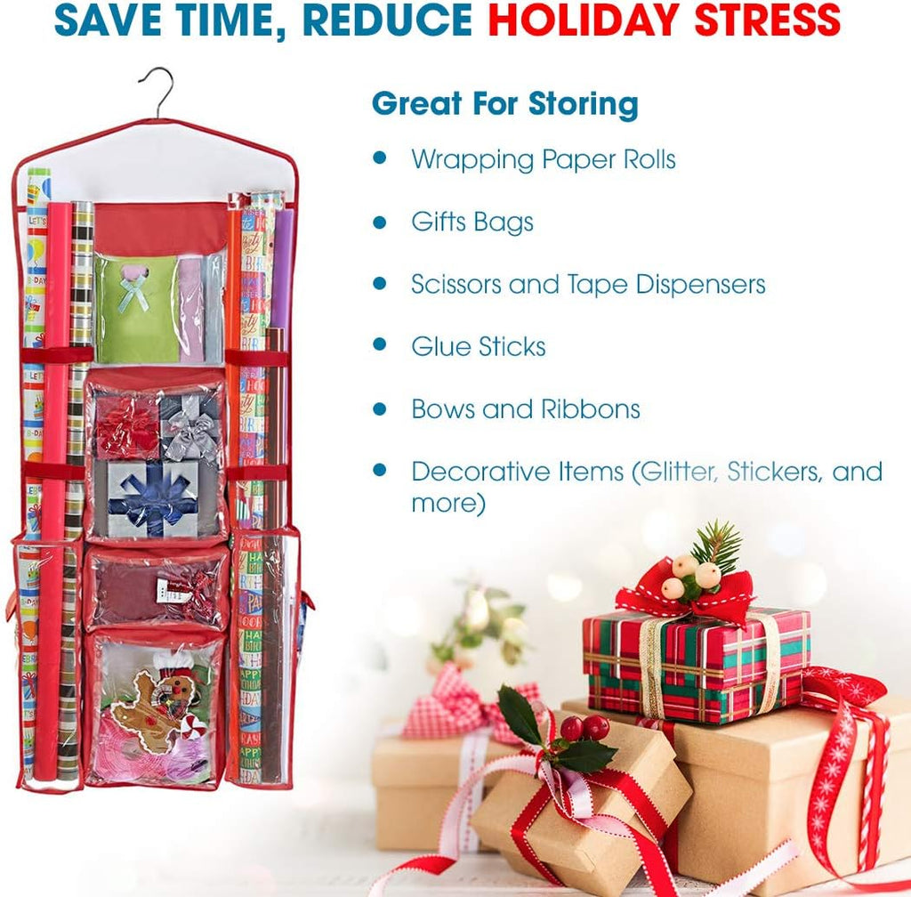 ProPik Wrapping Paper Storage Organizer - Double-Sided Design with Multiple Pockets, 40" x 17", Red