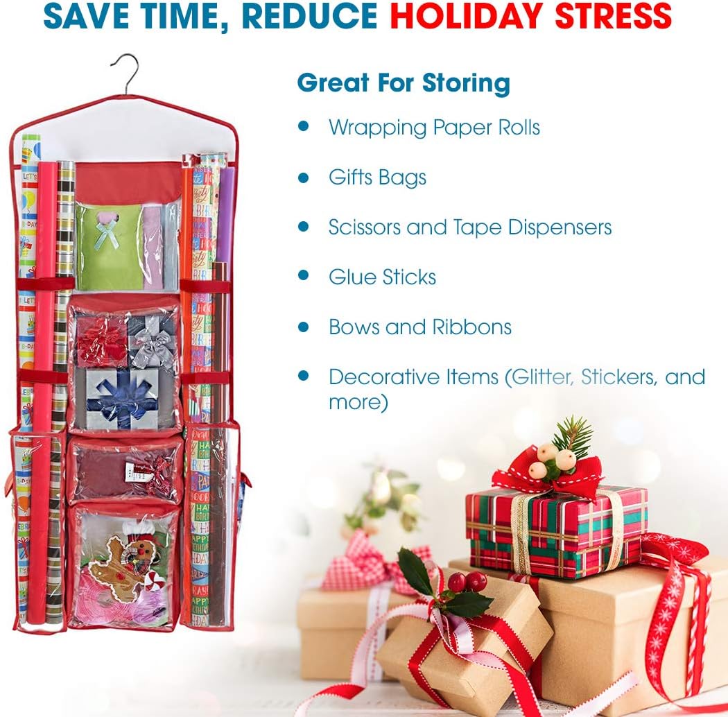 ProPik Wrapping Paper Storage Organizer - Double-Sided Design with Multiple Pockets, 40" x 17", Red