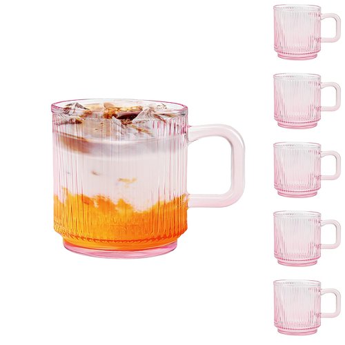 binsakao Glass Coffee Mugs 6 Pack - 12 OZ Pink Coffee Cups with Handles - Classic Vertical Stripes Transparent Tea Cup Set for Hot Cold Beverages