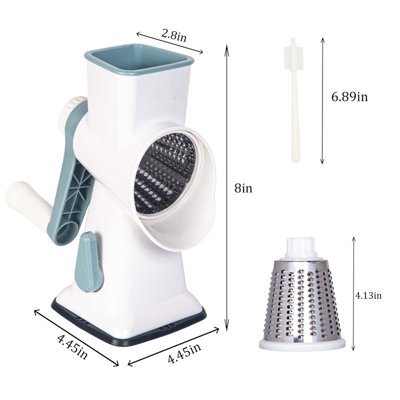 White Rotary Cheese Grater with Suction Base, Hand Crank Cheese Grater for Hard Cheese, Vegetables，Nuts, 3 Stainless Steel Drum Blades, Easy Clean Kitchen Gadget
