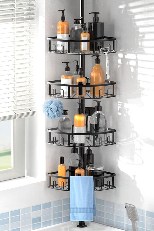 4-Tier Rustproof Corner Shower Caddy by [Brand Name] - Adjustable Height 42-115 Inch Bathroom Organizer in Black