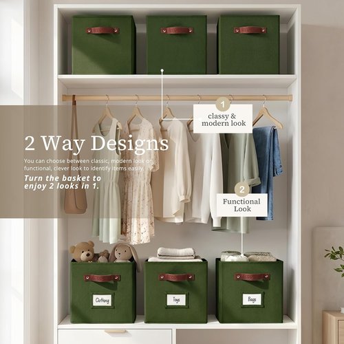 DECOMOMO Storage Cubes - 13x13x13 Fabric Organizer Bins with Labels | Olive Green (Set of 6)