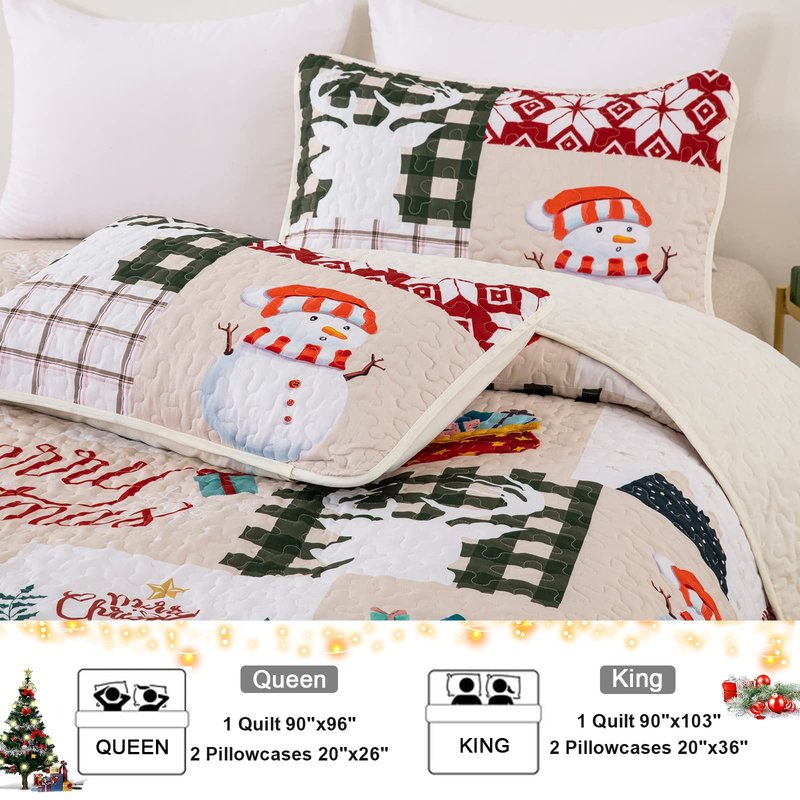 Dobuyly Christmas Quilt Set King, Christmas Tree Snowman Reindeer Pattern Bedding Bedspread Coverlet, Soft Microfiber Lightweight Holiday Christmas Quilt with 2 Pillowcases 90"x 103"