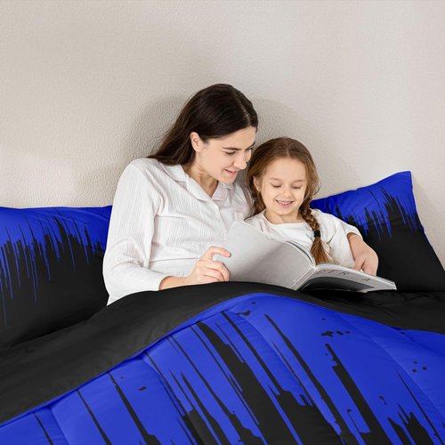 Feelyou Kids Blue Black Comforter Set Full Size Ombre Stripes Bedding Set Set for Boys Teens Decor Abstract Art Comforter Modern Design Duvet Set Bedroom Geometric Quilt Set 3Pcs