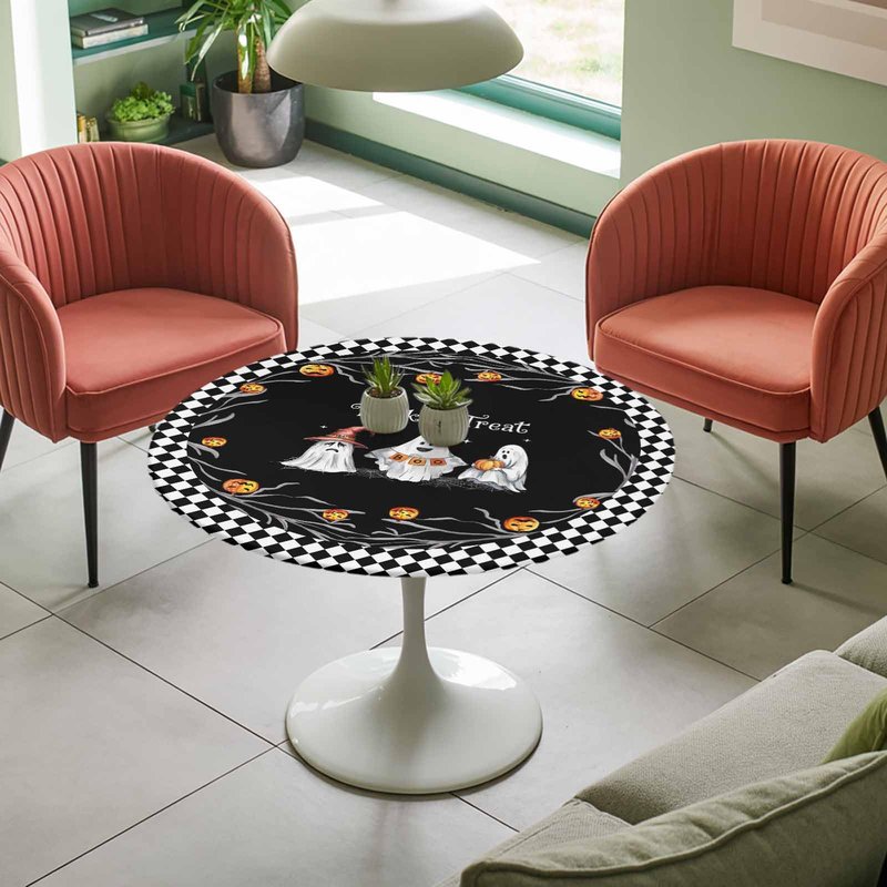 Halloween Fitted Tablecloth for Round Table,Trick Or Treat Quotes Table Cover with Elastic Edge Waterproof Table Cloth,Pumpkin Ghost Face Black White Plaid Table Covers for Kitchen Indoor 45-54in