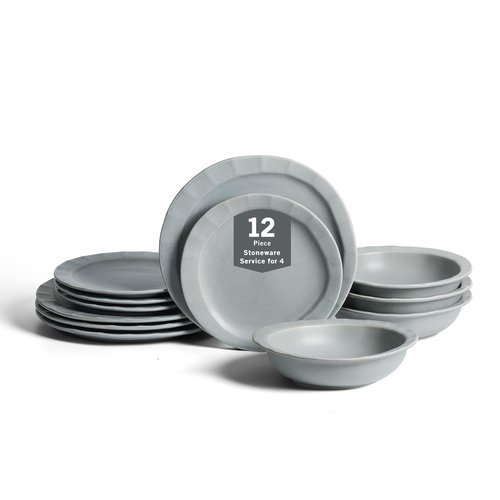 Stone Lain Oasis 12-Piece Dinnerware Set Stoneware, Dishwasher and Microwave Safe Plates and Bowls Set, Dish Set for 4, Grey Blue