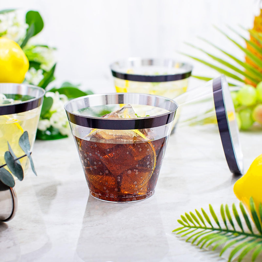 WELLIFE 120 PCS Black Plastic Cups,Disposable Cocktail Glasses,Plastic Wine Glasses Disposable,9 oz Clear Cups for Party