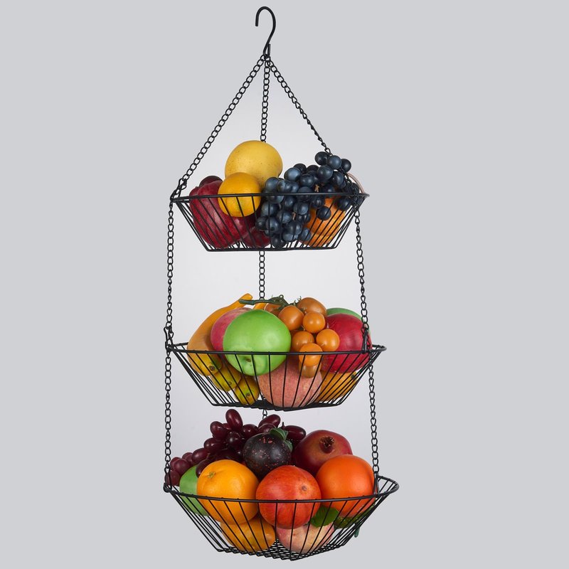 JUNCHU CHERRY 3-Tier Wire Fruit Hanging Basket 2 Packs,non-Punching Wall Hanging Storage,Kitchen Bathroom Organization Basket,Suitable for Bathroom,Kitchen,Closet,Garden,Black