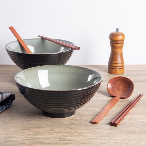 Tacuhy 40oz Japanese Ceramic Ramen Bowl Set of 2 with Chopsticks and Spoons for Pho Udon Asian Soup Noodles (Grayish Green)