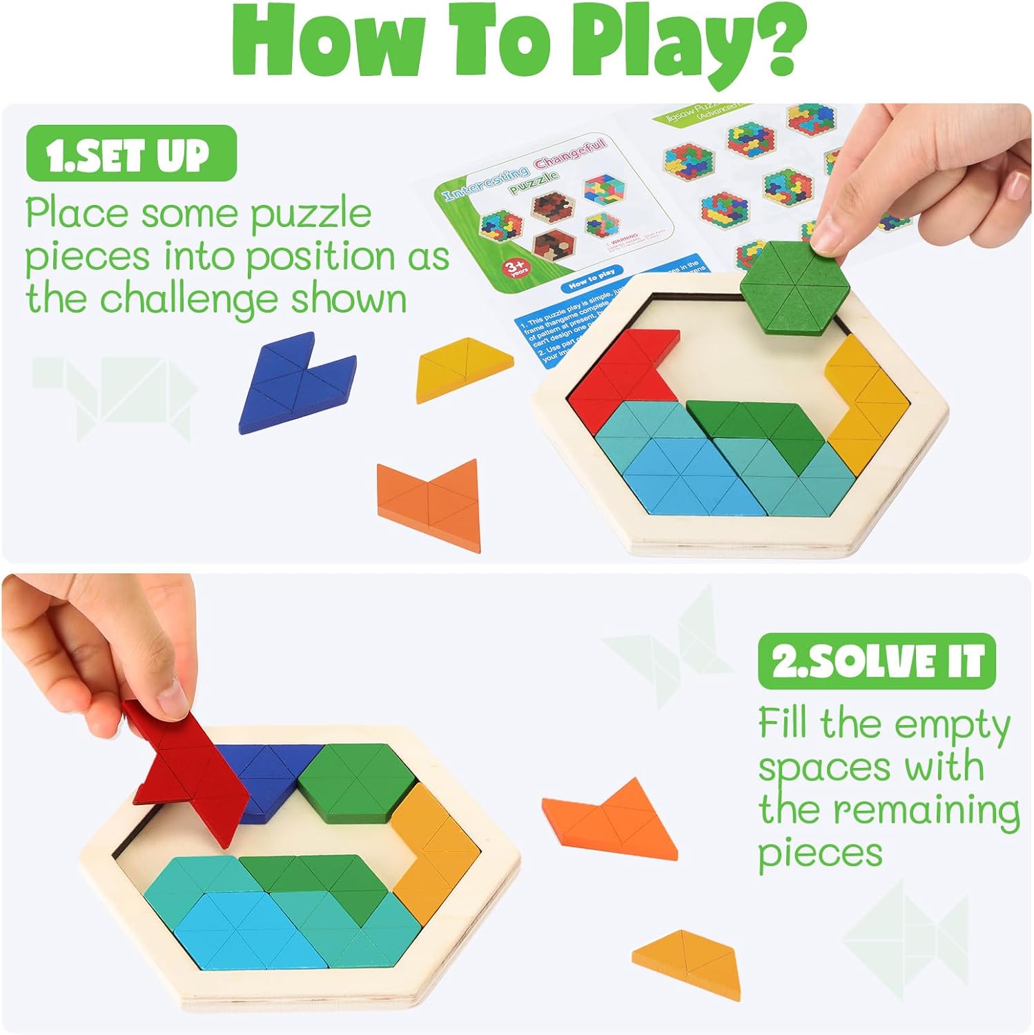 Yunsailing Large Hexagon Tangram Puzzle Set - 3 Wooden Brain Teasers for Adults | Classic Geometric Challenge