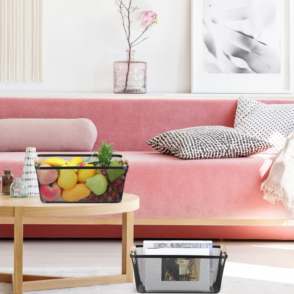 Ziliny 4 Pcs Metal Wire Basket with Wooden Handles Mesh Steel Storage Organizer Bin Containers for Home Organizing Cabinet Pantry Closet Kitchen Fridge Fruit Makeup Snacks Gifts(Large,Black)