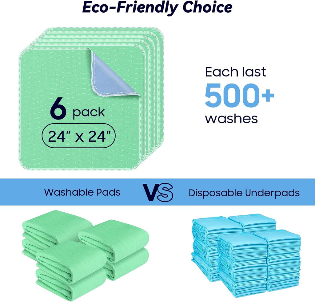 Regine Switzerland 6 Pack Extra Heavy Absorbency Washable Underpads - Waterproof Incontinence Bed Pads 24” x 24”