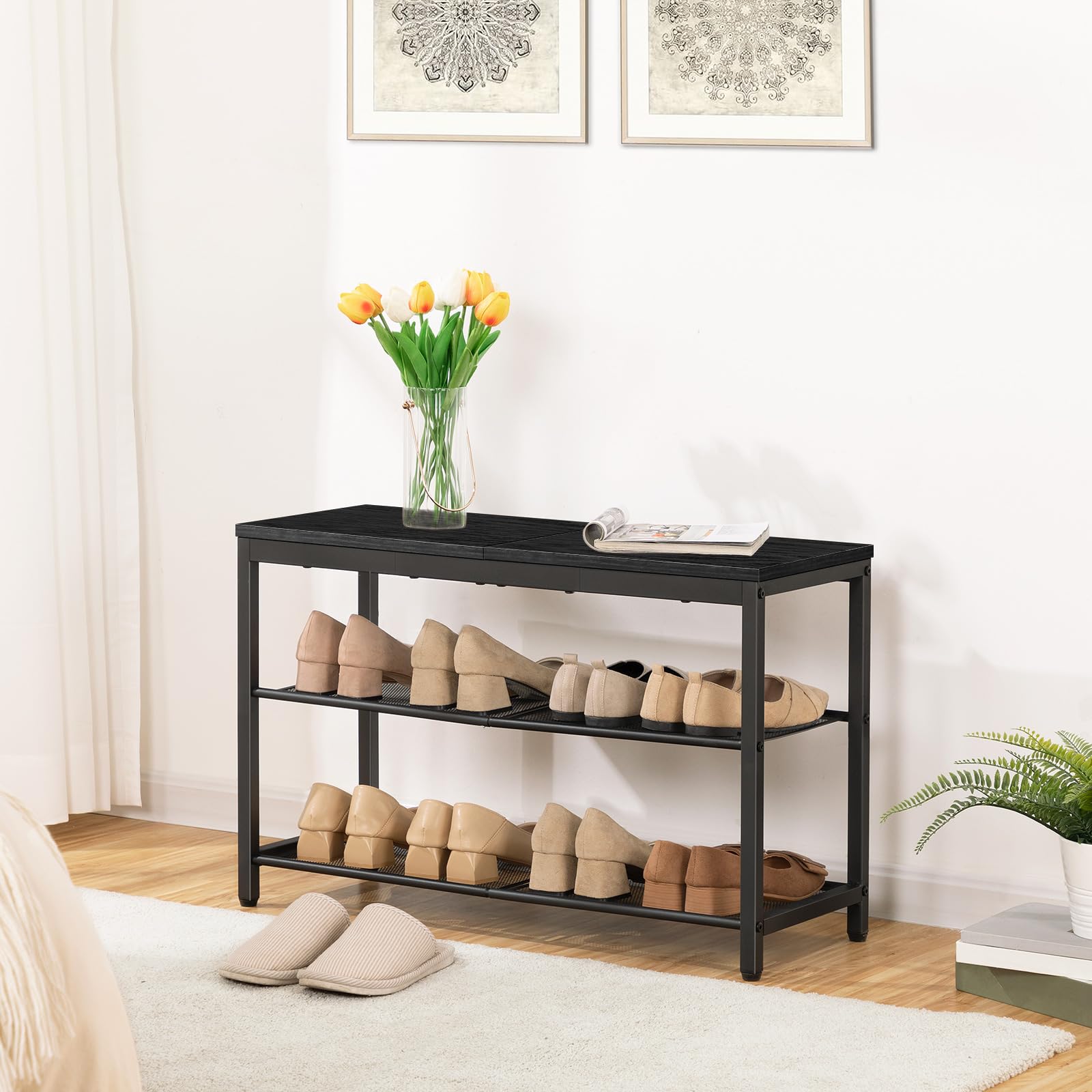 HOOBRO Shoe Bench, 3-Tier Shoe Rack, Industrial Shoe Organizer Storage Bench, 29.5 inches Entry Bench with Mesh Shelves, for Entryway, Living Room, Hallway, Easy Assembly, Black BB75HX01