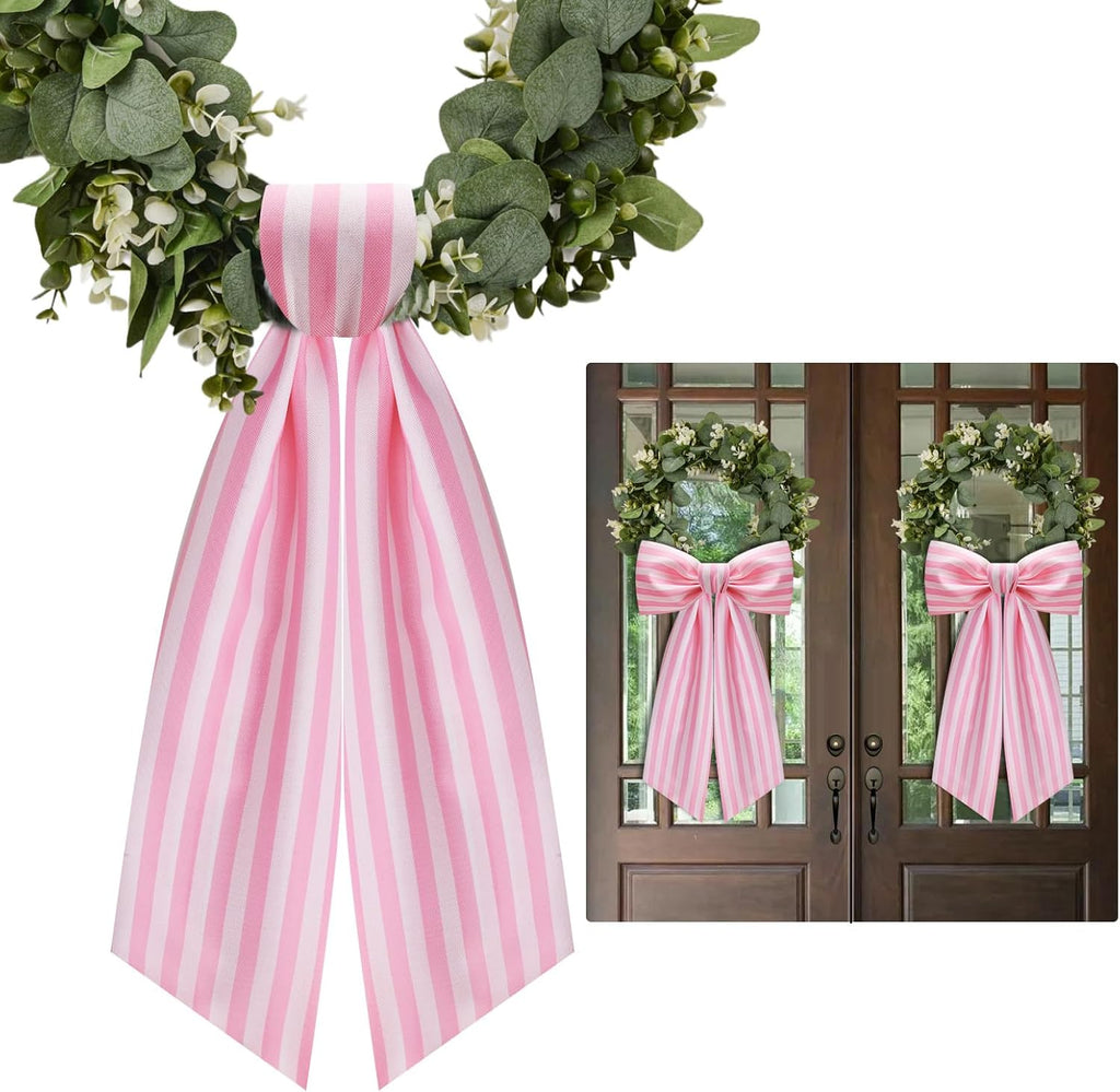 Skiennix 2 Pack Wreath Sash - Stylish Pink and White Stripe Boxwood Garland Decor for Front Door