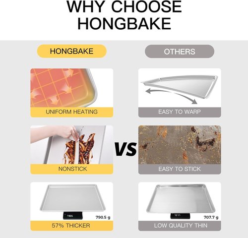 HONGBAKE Half Baking Sheet Pan Set - Nonstick Heavy Duty Cookie Trays, Dishwasher Safe | 2 Pack, Silver