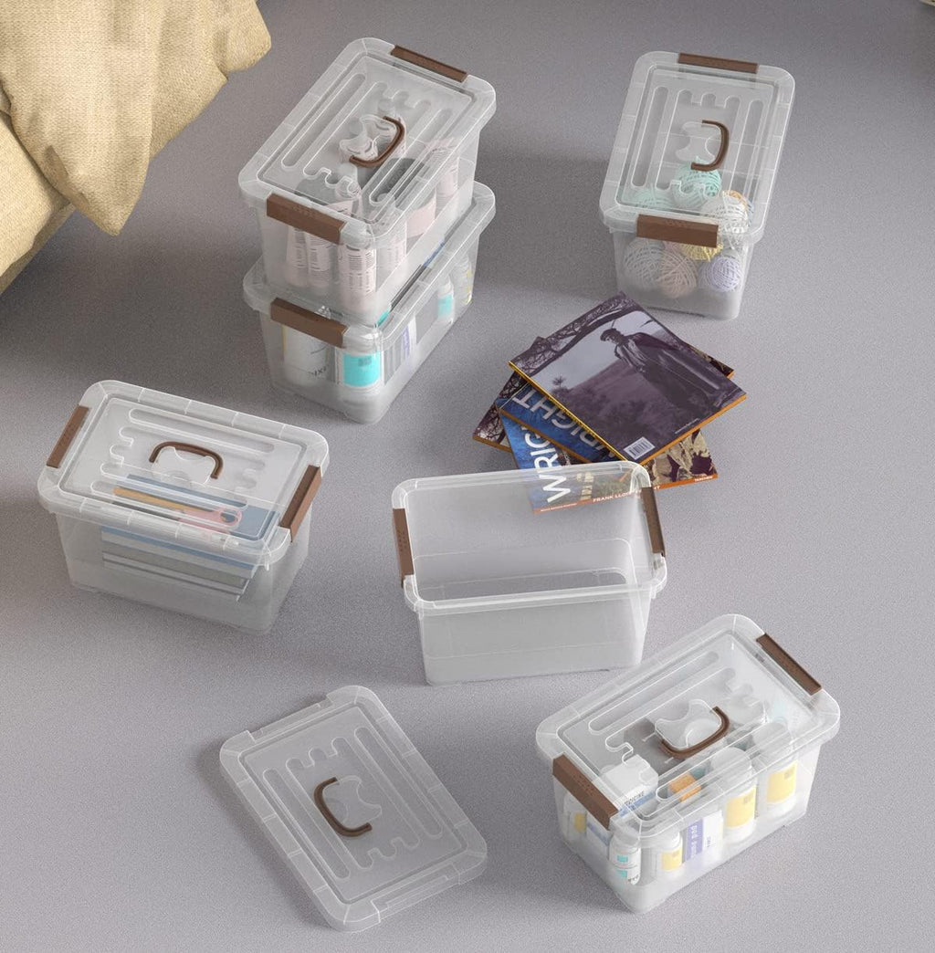 WYT 7 Quart Clear Storage Latch Box - Stackable Plastic Bins with Brown Handle & Lid | 6-Pack
