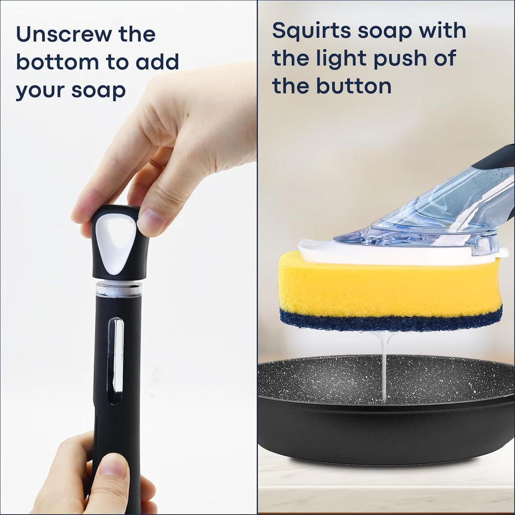 Skiennix Dish Brush Set - Soap Dispensing Brush with Holder & 2 Sponge Refills for Easy Cleaning