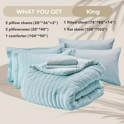 HYMOKEGE King Size Comforter Set - Luxury 7-Piece Bedding Set in Lake Blue with Seersucker Design