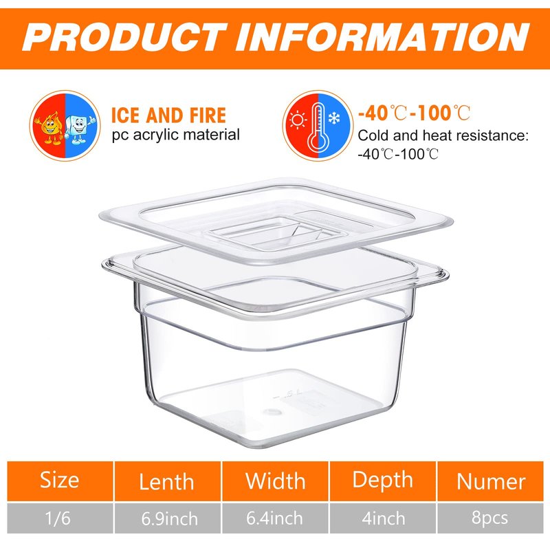 Sieral Clear 1/6 Size Food Pans with Lids, 1.5 Quart Square Polycarbonate Containers for Salad Bar, Restaurant, Kitchen Prep