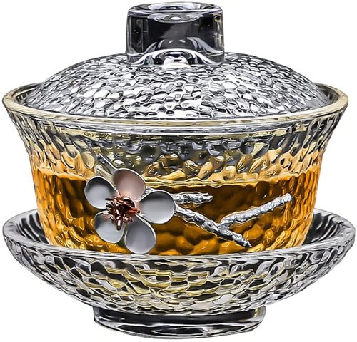 Eplze YBK Tech Crystal Gaiwan, Glass Kung Fu Tea Cup with Saucer and Lid, Chinese Traditional, Sancai Tea Bowl (Clear cup with plum flower)