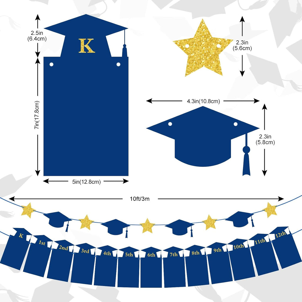 Whaline Graduation Photo Banner - No DIY Required Hanging Bunting | Blue Gold Glitter, 5 x 7 Inch