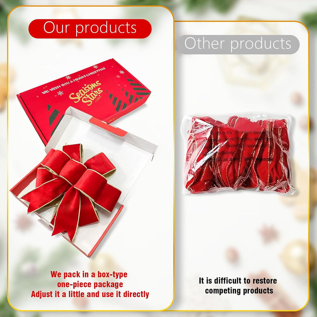 Red Velvet Christmas Bows - Gold Wired Decorative Bows for Wreaths, Trees & Outdoor Decor | Gift Box Included