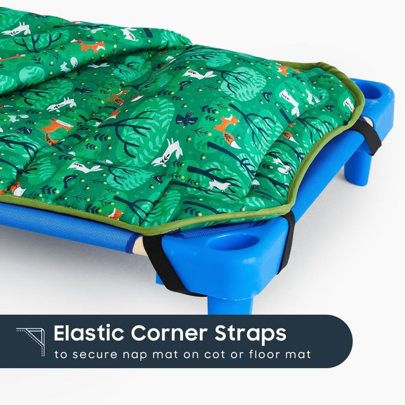 Wake In Cloud - Cot Nap Mat with Pillow and Blanket, for Toddler Kids Boys Girls in Daycare Kindergarten Preschool Pre K with Elastic Corner Straps, Cartoon Animals Trees, Forest Green