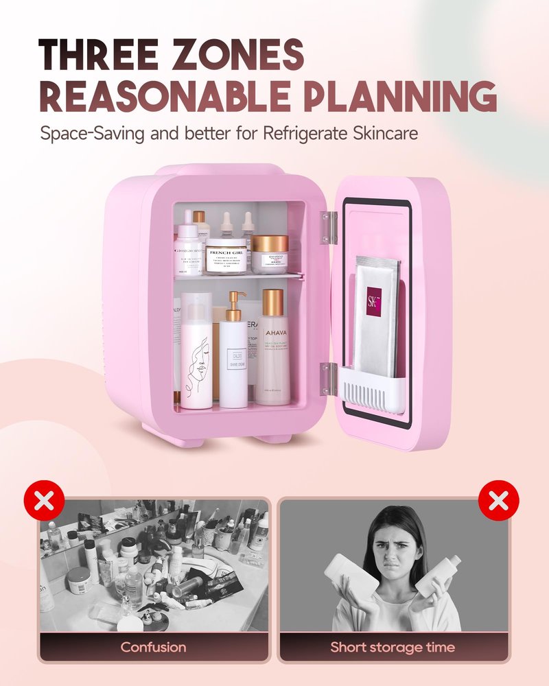 BEICHEN Skincare Fridge with Dimmable LED Light Mirror,4 Liter/6 Can Mini Fridge Skincare for Bedroom,Office, Car, Dorm,Cooler and Warmer, Portable Mini Fridge for Skin Care, Cosmetics, Food,Pink