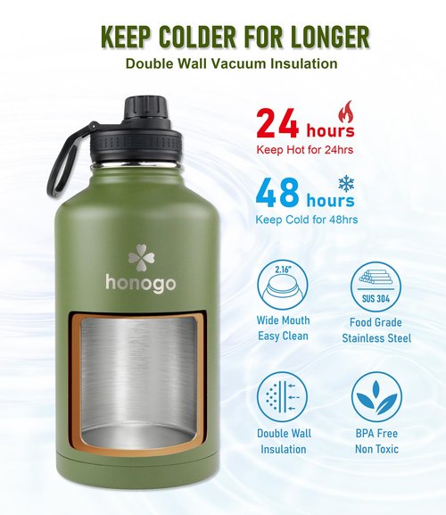 honogo 64 oz Insulated Water Bottle with Straw lid & Spout lid, Stainless Steel Half Gallon Water Flask Jug with Paracord Handle & Carrier bag, Big Vacuum Thermo Canteen, Cold for 48 Hrs