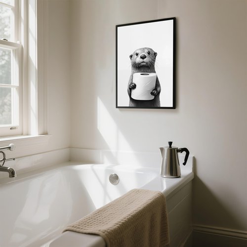 Framed Black and White Bathroom Canvas Wall Art, Funny Animal Bathroom Decor Cute Otter Holding A Roll of Toilet Paper Picture Modern Humor Painting Wall Decor Ready to Hang 24'' x 16''