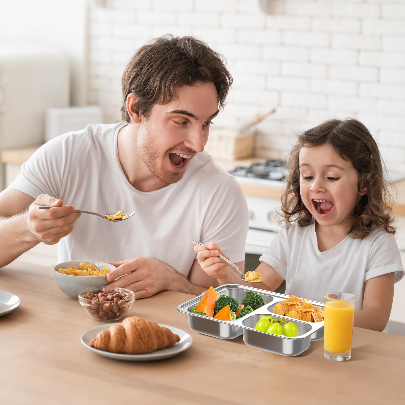 Bakpoco Stainless Steel Divided Plate for Kids Toddler, Non Toxic Portion Control Plate Dinner Plate with Lid for Adults Weight Loss, 4 Pack 3 Sections Rectangular Snack Plate Tray