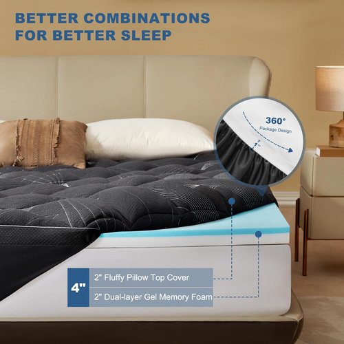 Bedlore Queen Mattress Topper - 4-Inch Dual Layer Gel Memory Foam & Cooling Pillow Top for Back Pain Relief - Gray