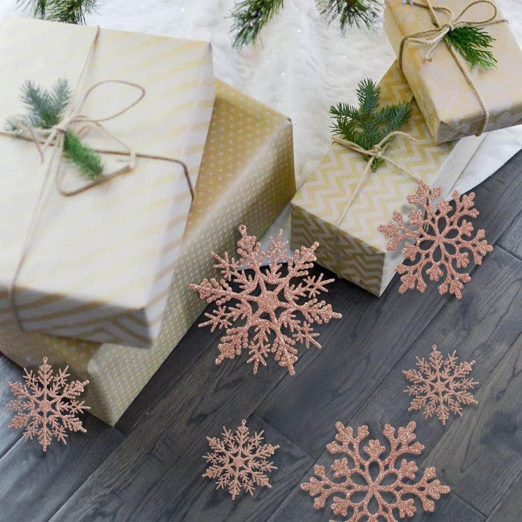 Regine Switzerland 36pcs Christmas Rose Gold Snowflake Ornaments - Glittery Winter Tree Decor