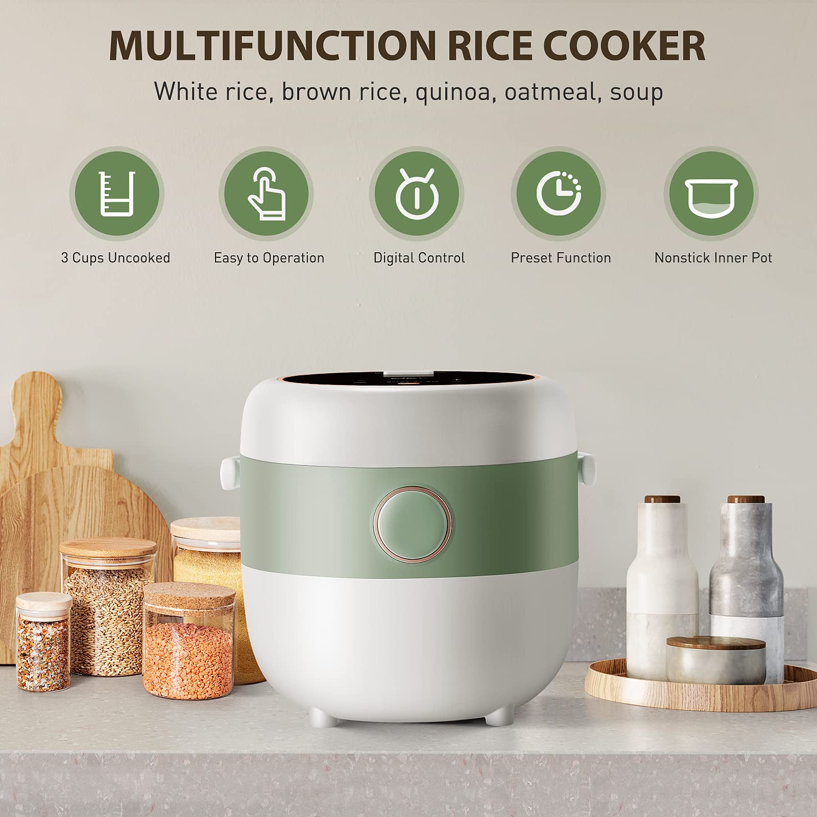 Bear Rice Cooker 3 Cups (Uncooked), 3D Heating and Fuzzy Logic, Healthy Nonstick Small Rice Cooker, PFAS-Free, Touch-Screen, for White/Brown Rice Quinoa Oatmeal Soup