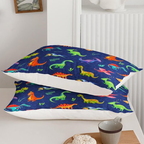 QOOMO Cartoon Dinosaur Kids Comforter Set for Boys Girls Full Size Dark Blue Dino Bedding Set Super Soft Dinosaurs Quilt with 1 Comforter and 2 Pillowcases Lightweight Microfiber for All Seasons