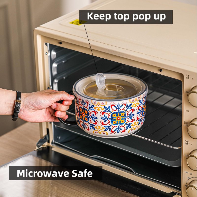 Chubacoo Jumbo Soup Bowl with Lid: 38 oz Ceramic Soup Mug with Big Handle for Ramen Cereal Breakfast Meal Prep Office Lunch Dorm Living - Microwave Safe Extra Large Food Container - Pattern C