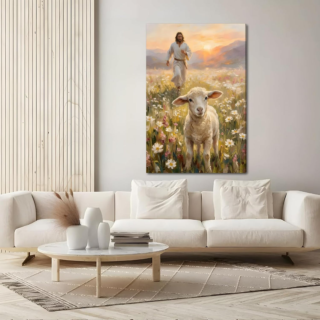 SIXWOOD Canvas Wall Art - Good Shepherd Jesus Seeking Lost Sheep | Framed 12x16 in Christian Decor