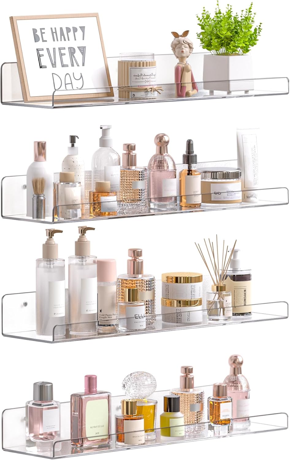 Upsimples Acrylic Floating Shelves - Versatile Wall Organizer for Bathroom, Bedroom & Living Room | Clear, 15" - 4 Pack
