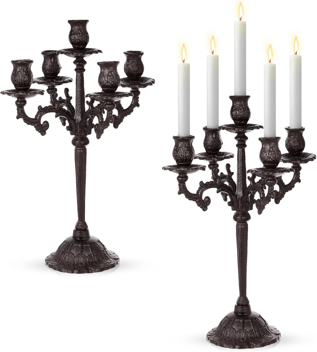 Mumufy Black Candelabra Set - 5 Arm Cast Iron Candle Holders | 16.7" Vintage Gothic Centerpieces