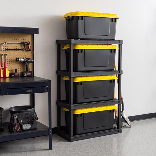 IRIS USA WeatherPro 21 Gallon Lockable Storage Bins - Heavy Duty, Stackable Utility Boxes, 4 Pack - Black/Yellow
