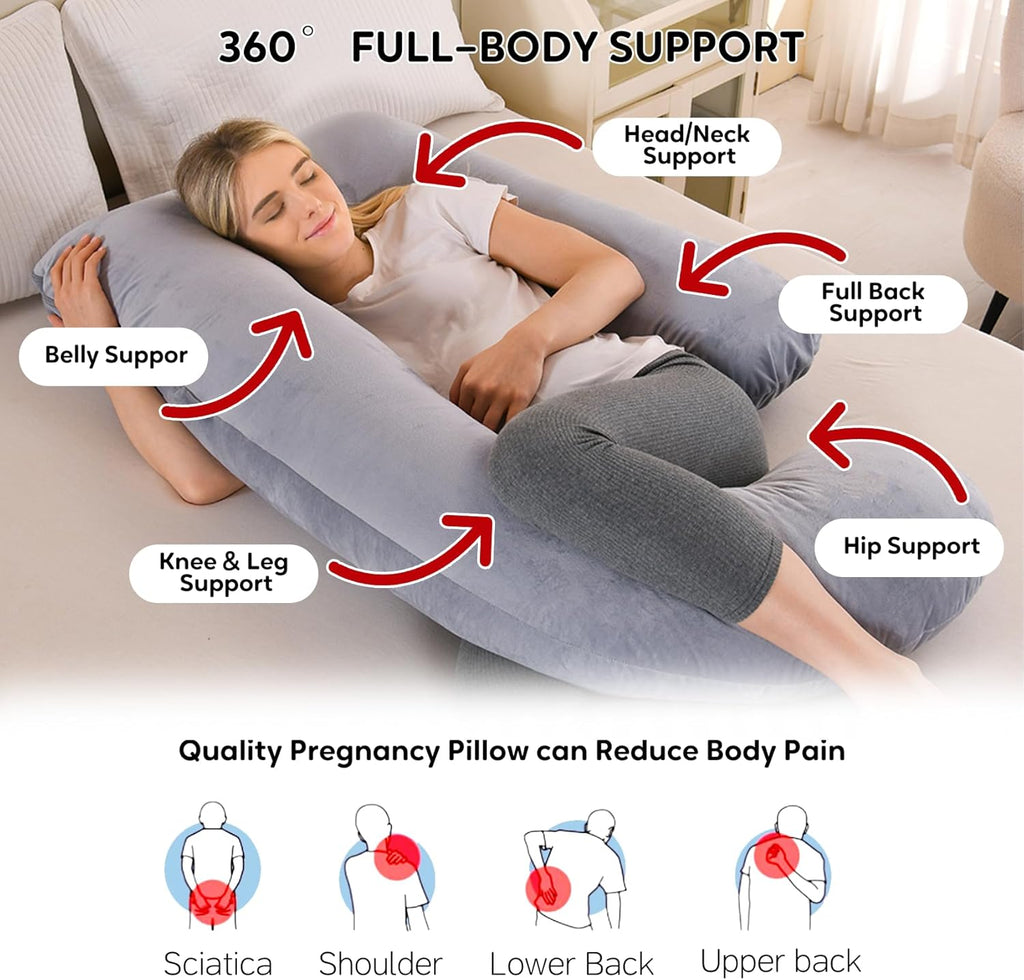 Skiennix U-Shaped Pregnancy Pillow - Full Body Support for Back, Hips & Belly | 65-Inch Velvet Grey Maternity Essential