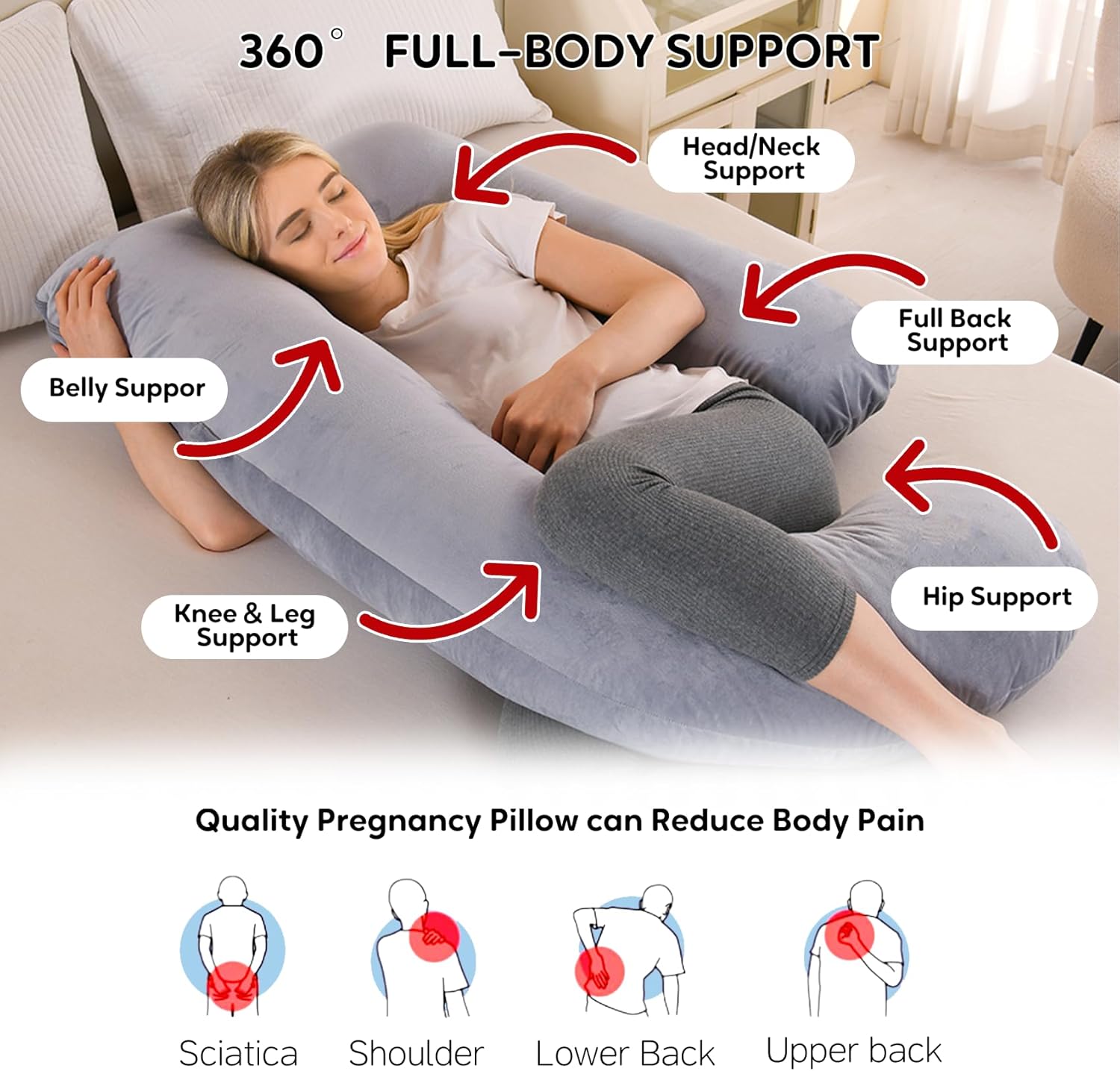 Skiennix U-Shaped Pregnancy Pillow - Full Body Support for Back, Hips & Belly | 65-Inch Velvet Grey Maternity Essential