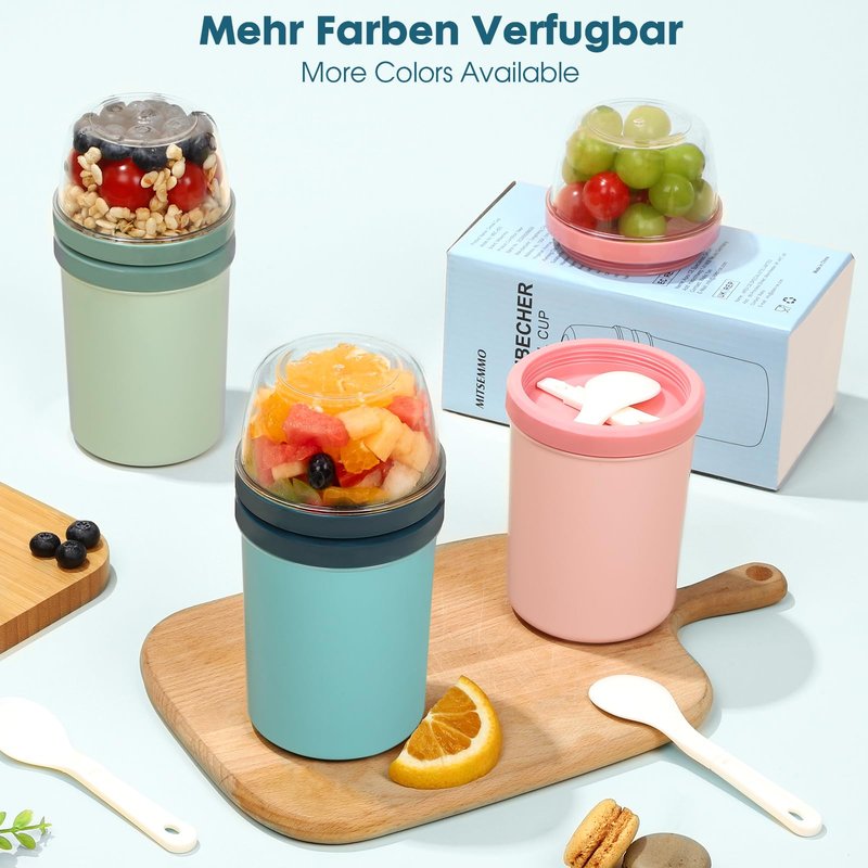 Mitsemmo Snack Cup,Reusable Snack Container with Lid,Yogurt Parfait Cups and Spoons,600ml+270ml Breakfast On The Go,Portable Cereal To Go Travel Cereal Bowl and Milk Container(Bule)