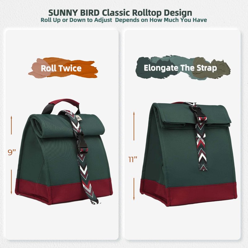 SUNNY BIRD Insulated Lunch Bag Rolltop Lunch Box Tote Bag for Women, Men, Adults and Teens (Green with Boho strap)