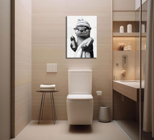 Funny Bathroom Otter Canvas Wall Art - Cute Black and White Otter Painting | 12x16in Home Decor