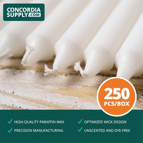 Concordia Supply Church Candles - Bulk White Vigil Candles for Memorial & Ceremonies | 4.25" x 1/2", Box of 250