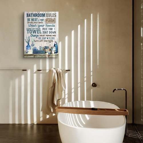 Rustic Bathroom Rules Sign - Navy Blue Wall Art, 16x24 inch Framed Modern Artwork for Toilet & Laundry Room Decor