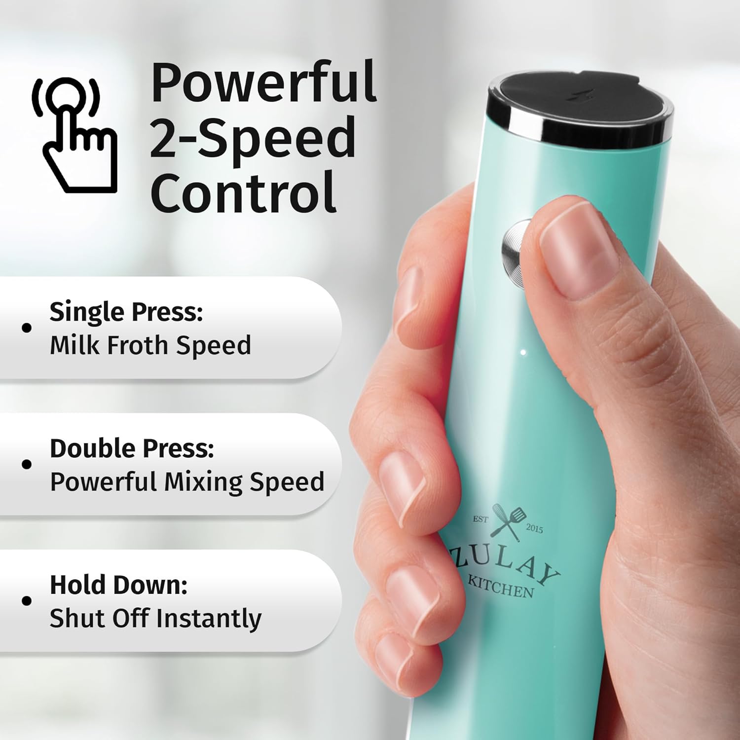 Zulay Kitchen Rechargeable Milk Frother - Powerful 2-Speed Motor, Waterproof, 2000mAh Battery | Sky Blue Drink Mixer for Lattes, Cappuccinos, Matcha & Protein Powder